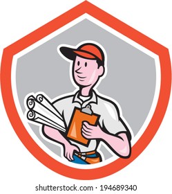 Illustration of a builder carpenter architect construction worker with plans and clipboard looking to the side set inside shield crest done in cartoon style on isolated background.
