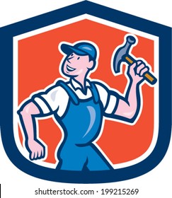 Illustration of a builder construction worker carpenter holding hammer set inside shield crest done in cartoon style. 