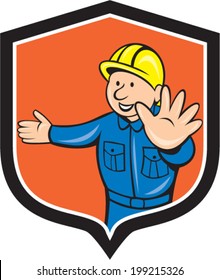 Illustration of a builder construction worker carpenter hands out traffic hand signal set inside shield crest done in cartoon style. 