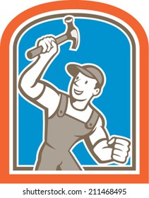 Illustration of a builder construction worker carpenter holding hammer facing side on isolated background set inside shield crest done in cartoon style. 