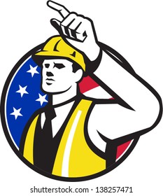 Illustration of a builder construction worker engineer foreman pointing set inside circle done in retro style.