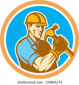 Illustration of a builder construction worker holding hammer set inside circle on isolated background done in retro style.