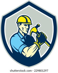 Illustration of a builder construction worker holding hammer set inside shield crest on isolated background done in retro style.