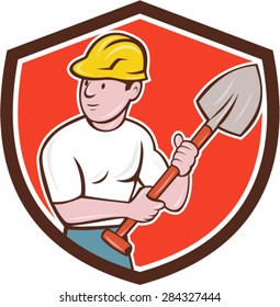 Illustration of a builder construction worker wearing hardhat holding spade looking to the side set inside shield crest on isolated background done in cartoon style. 