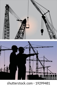 illustration with builder and crane silhouettes