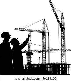 illustration with builder and crane silhouettes