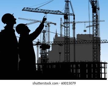 illustration with builder and crane silhouettes