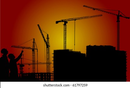 Illustration mit Bauern und Kransilhouetten