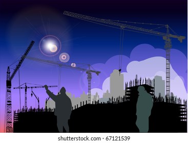 illustration with builder and crane silhouettes