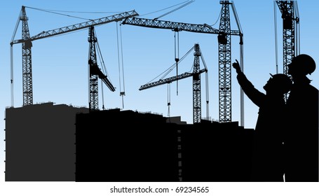 ilustración con siluetas de construcción y grúas