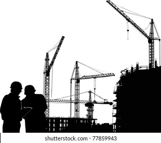 ilustración con siluetas de construcción y grúas