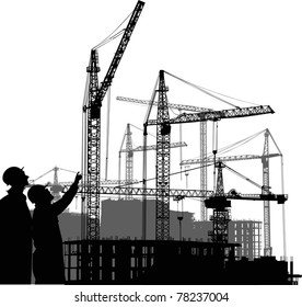 illustration with builder and crane silhouettes