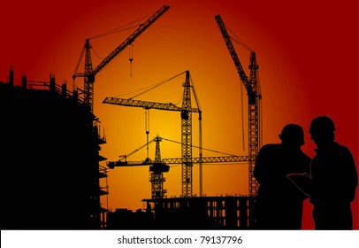 Illustration mit Bauern und Kransilhouetten