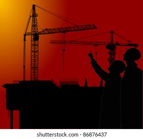 ilustración con siluetas de construcción y grúas