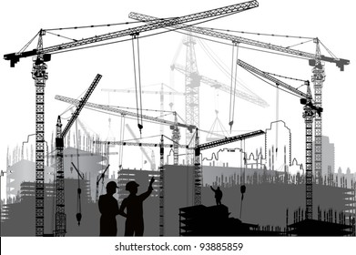 ilustración con siluetas de construcción y grúas