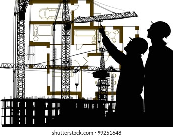ilustración con siluetas de construcción y grúas