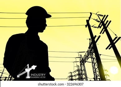 illustration with builder and crane silhouettes.Power line and engineers in front of it vector background