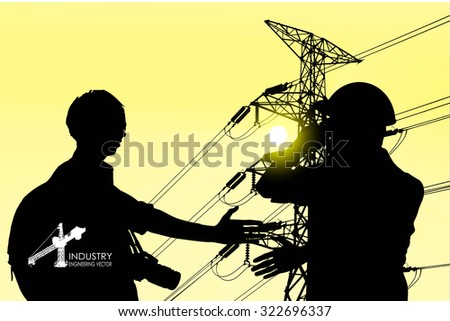 illustration with builder and crane silhouettes.Power line and engineers in front of it vector background