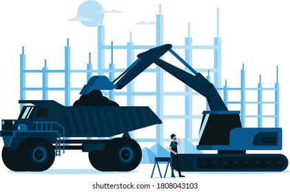 Ilustración de la excavadora de control del hombre constructor para colocar toda la arena en un camión en el lugar de construcción