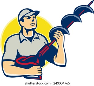 Illustration of a builder tradesman worker holding a hole driller,earth auger,ground drill,ground driller,hole digger looking up done in retro style.