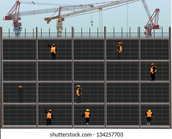 illustration with builders and crane silhouettes