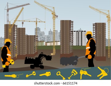 illustration with builders and crane silhouettes