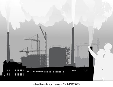 illustration with builders and cranes silhouettes