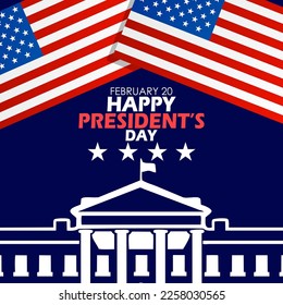 Illustration of a building with American flags and bold text on a dark blue background to commemorate Presidents' Day on February 20