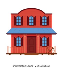 Illustration of a building in the classic Wild West style, featuring a bright red wooden facade, blue roof and decorative windows.