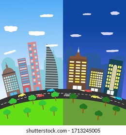 
illustration of a building with concepts of morning and evening, passing cars and a large field.