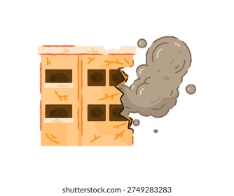 Illustration of a building damaged by war. A building with holes in the sides and smoking due to the effects of missile fire, cracks, destruction. Natural disaster, earthquake. Flat style illustration with textured outline. White background.