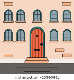An illustration of a building facade. Brick wall with a front door and windows. Cartoon style. Real estate concept. 