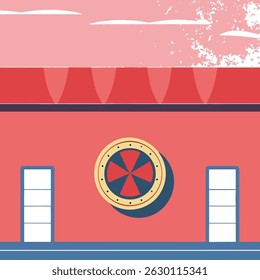 Illustration of a building facade with a circular window and two doors under a pink sky design