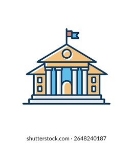 Illustration of a building featuring columns and a flag in a flat style. Tan and blue color scheme.