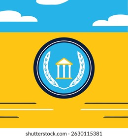 Illustration of a building icon inside a circle with laurel branches against a blue and yellow background
