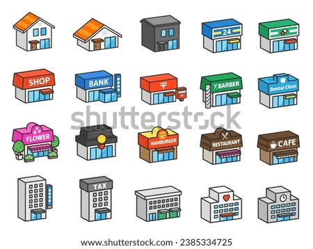 Illustration of building icon set (3D line drawing).