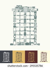 illustration of the building with icons composition