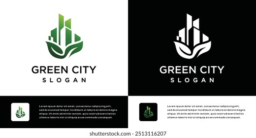 Illustration of building logo with leaves. Nature real estate logo design template.	