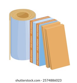 Illustration of building materials that consist of a roll of foam plastic and several rectangular panels, isolated on white background, and suitable for various purposes in construction.