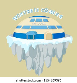 illustration of a building on snow and blocks of stone.