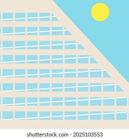 Una ilustración de la construcción con ventanas y sol o luna en verano.