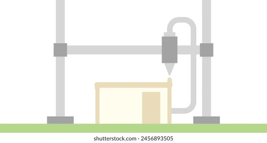 Illustration of building a small house with a triangular roof using a 3D printer
