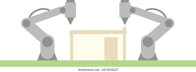 Illustration of building a small house with a triangular roof using a robot arm