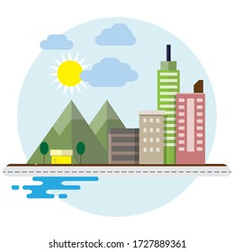 illustration of building town in countryside on mountain background.