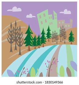 illustration of building and tree view with colorful vector design background