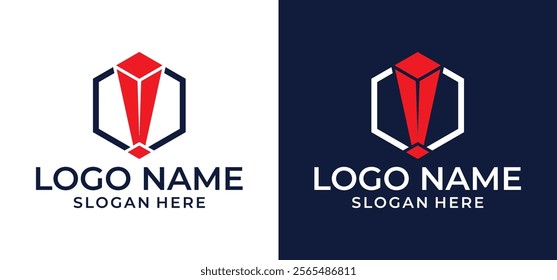 Illustration of Building vector logo icon with exclamation mark and hexagonal symbol.