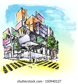 illustration of building in watercolored style