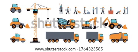 Illustration building workers and construction machinery. Сonstruction site. Vector set in a flat style