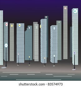 Illustration of buildings against a dark background