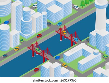 Illustration of buildings, bridges and vehicles
